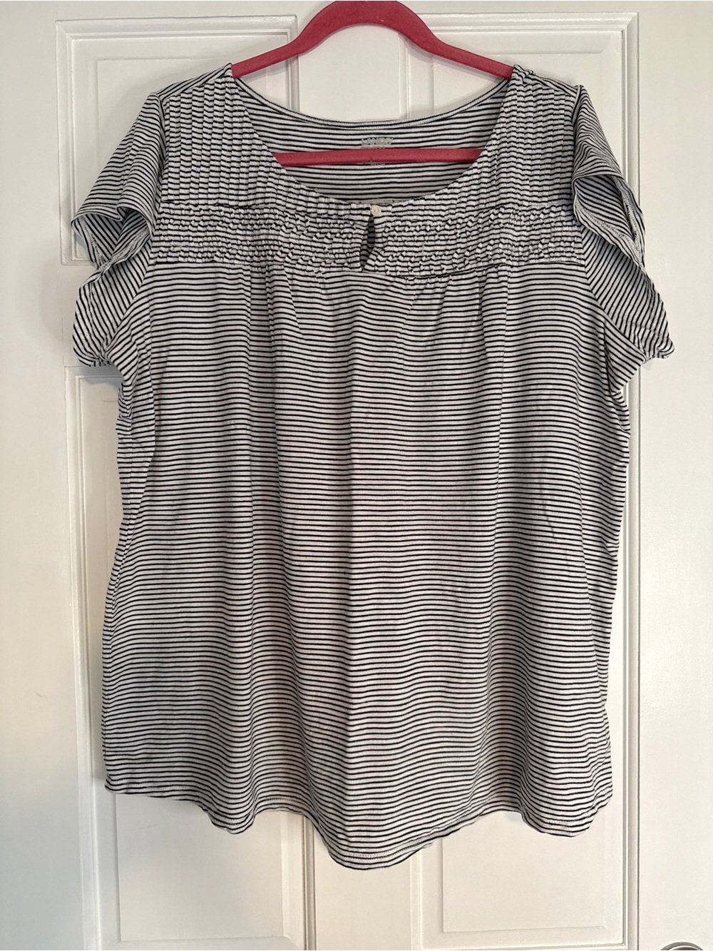 Lands' End Black and White Striped Smocked Yoke Short Sleeve Top